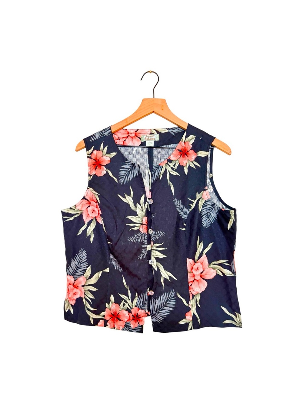 Tommy Bahamas Silk Hawaiian Button Front Women’s Vest With Pink Hibiscus L